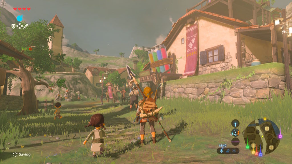 A screenshot of Breath of the Wild, with Link stood in the center of a small village.