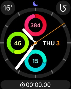 The Activity watch face on the Apple Watch, showing the current time and 'scores' for each of the watch's three daily activity goals: Move, Exercise, and Stand.